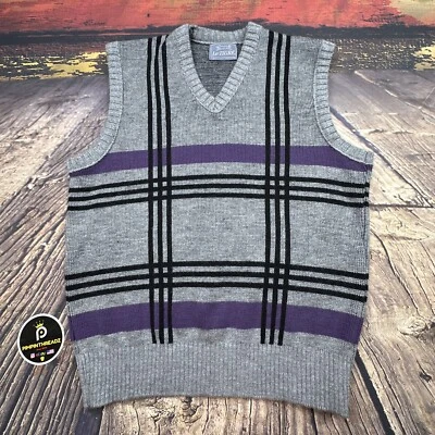 Vtg Letigre Sweater Golf Vest Mens Medium Gray Purple Academia Preppy Retro USA - Image 1 of 4