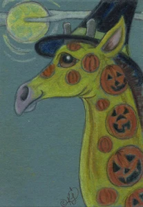 Giraffe Halloween witch Pumpkin tattoo ACEO EBSQ Loberg Mini fantasy Art moon - Picture 1 of 3