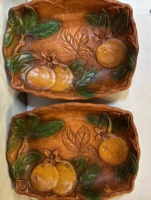 Vtg 3D Oranges Magnolia MCM Faux Wood Pair Serving Trinket Tray Multi Prod 8x10 - Image 1 of 4