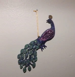 Peacock Ornament Plastic 7 3/4 Inches Purple Blue Glittered String Hanger - Picture 1 of 2
