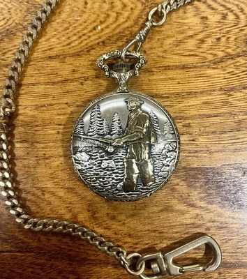 Vintage Majesti Quartz Pocket Watch 3D Fly Fisherman, needs battery  - Image 1 of 4