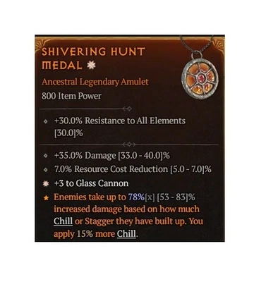 Diablo 4 S10 Shivering Hunt Medal 1GA Glass Cannon Legendary Amulet Equipment - Image 1 of 4