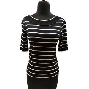 Dana Buchman Vintage Black White Stripe V Neck Back Stretch Knit Top - Picture 1 of 5
