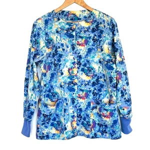Crest Scrub Top Women's Small Blue Long Sleeve Pockets Snap Button Top - Picture 1 of 8