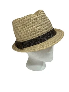 Damen Fedora Hut Einheitsgröße Stroh Sommer Beige Animal Print Band Stylisch Chic NEU - Bild 1 von 6