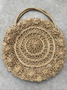 Cartera tejida natural de colección con flores bordadas bolso de mano boho hippie casa de campo abuela - Imagen 1 de 8