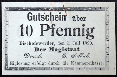Bischofswerder / Biskupiec 1920 raro 10 Pf Alemán Notgeld Polonia Prusia Occidental Foto 1 de 2