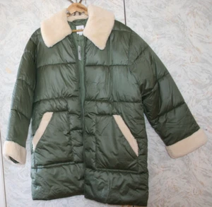 NWT GAP Cold Controll Oversized Long Puffer Coat Large Olive White Shepra trim - Picture 1 of 2