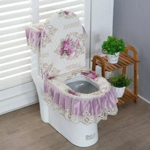 3PCS Pleuche Toilet Seat Cover Set Lace Lid Pads Bathroom Water Tank cover - Picture 1 of 13