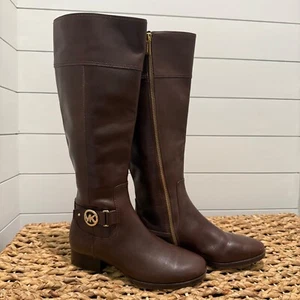 Stivali equitazione Michale Kors pelle marrone 8M al ginocchio logo MK equitazione zip - Foto 1 di 24