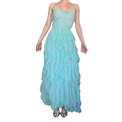 Vestido de formatura vintage anos 1960 '70 Kay Kipps aquático babado sereia vestido formal - Imagem 1 de 4