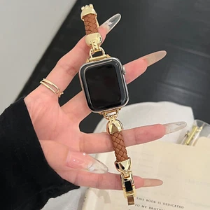 Stylish Dressy Metal Leather Band For iWatch Series 9 Ultra SE 8 7 6 5 4 3 2 1 - Picture 1 of 28