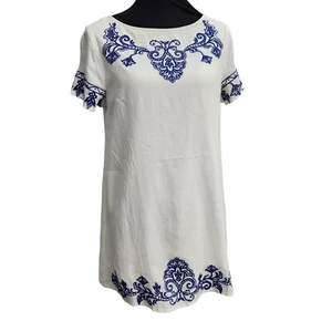 Lulus Tale to Tell Blue and Ivory Embroidered Shift Dress Small Short Sleeve - Picture 1 of 9