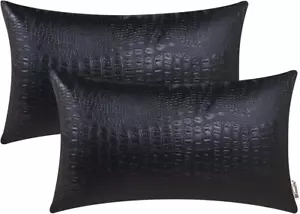 Black Faux Leather Lumbar Pillow Covers, Set of 2 - Picture 1 of 6