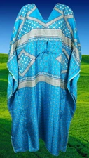 Womens Kaftan Maxi Dress, Blue Printed Dresses, Oversize, Coverup, Recycle L-2XL