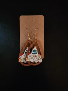 Christmas Earrings Jewelry Festive Party Holiday Wooden Teardrop - Picture 1 of 2