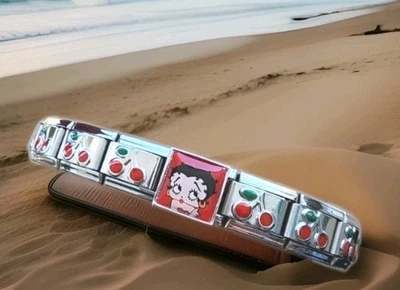 BETTY BOOP Italian Charm Starter BRACELET Cherries Stainless Steel 9mm 19 Links - Image 1 of 4