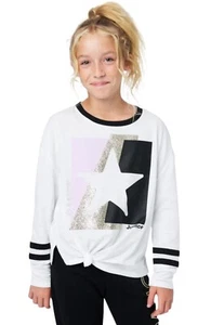 Justice Girls Top White 7/8 Pullover Long Sleeves Front Tie Knot Dance Star Logo - Picture 1 of 10