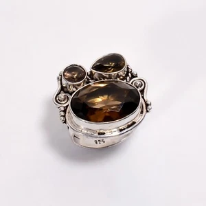 Sterling Silver Smoky Quartz Gemstone Trendy Statement Bezel Ring Jewelry US 6.5 - Picture 1 of 7