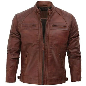 Men's Cafe Racer Waxed Real Sheepskin Leather Jacket Brown & Black Motorcycle - Picture 1 of 14