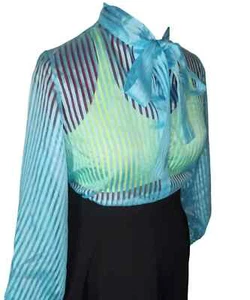 Pale blue striped pussybow tie neck blouse. 40"/42" bust. Size 14/16 UK New - Picture 1 of 6