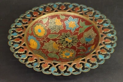 Antique Vintage Solid Brass Pedestal Bowl Dish Planter Enamel Flowers India - Image 1 of 4