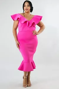 Bodycon-Kleid Damen Übergröße Fuchsia Rüschen V-Ausschnitt. Größe 3XL . - Bild 1 von 3