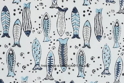 25 Yard Indian Wooden Hand Block Fish Print 100% Pure Cotton Dress Making Fabric - Image 1 of 3