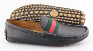 Men's GUCCI 'Miro' Black Leather Web Loafers Size US 10.5- D GUCCI 10 - G - Picture 1 of 8