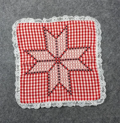 Handmade Pillow Cover Womens 13x13 Red White Blue Gingham Lace Star Vintage - Image 1 of 4
