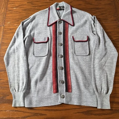 Vintage 70’s Bamberger’s Wool Acrylic Leather Cardigan Made In Italy M RARE - Image 1 of 4