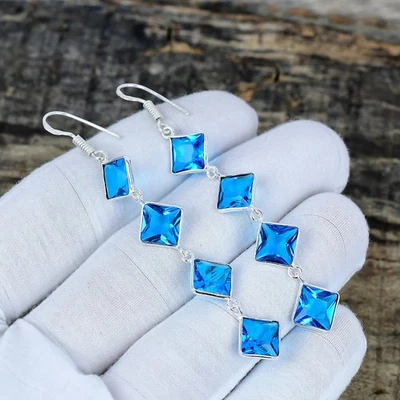 Svizzero Blu Topazio Gemma 925 Argento Sterling Mano Gioielli Orecchini Regali - Immagine 1 di 4