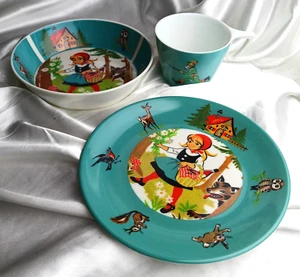 VINTAGE ORNAMIN KIDS DINNER SET-LITTLE RED RIDING HOOD -PLATE, BOWL, CUP-NEW! - Picture 1 of 6