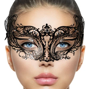 Delicate Venetian BLACK Lace METAL MASK Masquerade Filigree Clear Diamante NEW - Picture 1 of 5