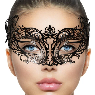 Venetian Lace Masquerade Mask | Delicate Black Metal Mask | Filigree Diamante - Image 1 of 4