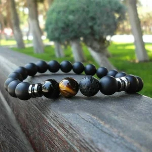 8MM Lava Rock Tiger Eye Matte Onyx Ball Bracelets Gemstone Beaded Cuff Bangle - Picture 1 of 12