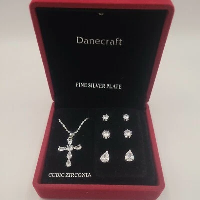 $60 Fine Silver Plate Cross Cubic Zirconia STUD Necklace and Earring set w/ box - Image 1 of 4