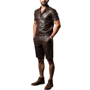 Herren Braun PU Leder Hemd und Shorts Set 2 Stück Freizeit Leder Sommer Set - Bild 1 von 4