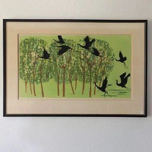 1965 Tamami Shima Japanese Woodblock Flying Over New Green Heron Tree MCM Modern - Picture 1 of 21