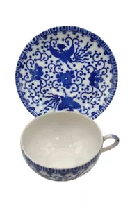 Taza de té y platillo ocupados Japón esmalte azul fénix - Imagen 1 de 8