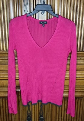 Rag and Bone Womens Sweater Small Hot Pink Ribbed Contrast Trim LAST CHANCE - Image 1 of 4