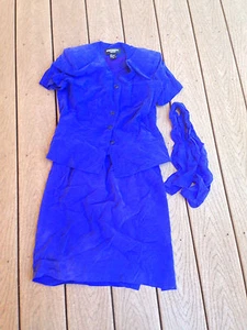 Patrick Petite Womens Blue Shirt Skirt Neck Sheer Scarf Set Size 6 100% Silk - Picture 1 of 11