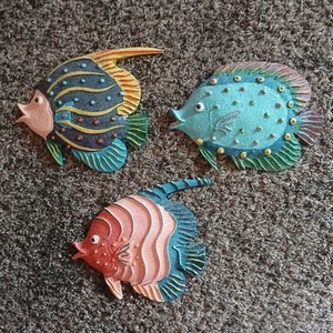 Juego de 3 Decoración de Pared Pez Ángel Brillo Azul Naranja Rojo Verde Cerámica - Imagen 1 de 8