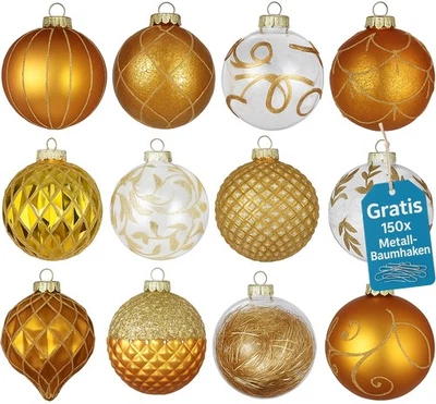 12er Set Weihnachtskugeln Glas Christbaumkugeln Christbaumschmuck Kugeln D6 Gold - Bild 1 von 4