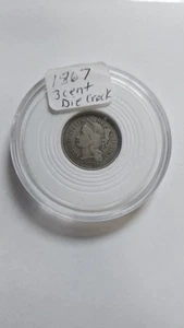 U.S. Coin 1867 3 cent Die crack error thru #6 see photos ,circulated xf - Picture 1 of 9