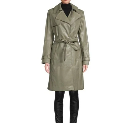 NUEVO CON ETIQUETAS - Gabardina de cuero vegano Tahari verde salvia para mujer - XL - AGOTADA EN LÍNEA Foto 1 de 4