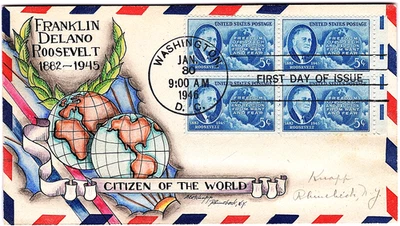 Dorothy Knapp Hand Painted First Day Cover FDC 5 c Roosevelt Jan 30 1946 #933 - Image 1 of 2