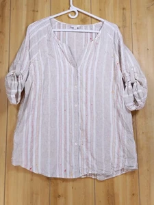 J.Jill Love Leinen XL Tunika Bluse Damen gestreift Rollriegelärmel V-Ausschnitt Knopf - Bild 1 von 12