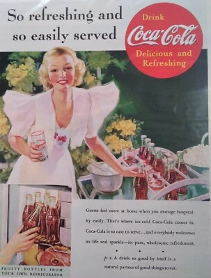Оригинальная винтажная реклама Coca Cola 1930-е большая милая девочка улыбка розовая сервировка  - Изображение 1 из 4