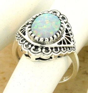 ANTIQUE STYLE 925 SOLID STERLING SILVER LAB-CREATED OPAL FILIGREE RING 1110X - Picture 1 of 16